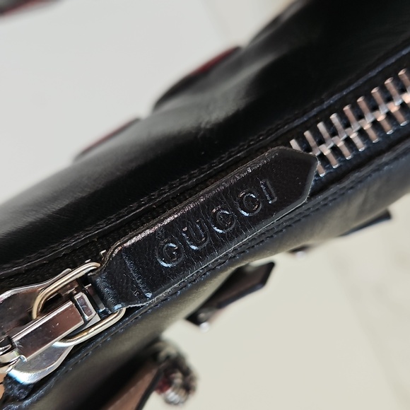 GUCCI: Black and Red Striped Buckle Ankle Boots - Picture 6 of 9